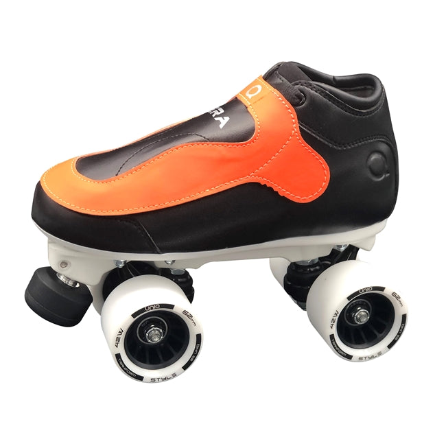 Black and orange roller skate with white wheels on a white background